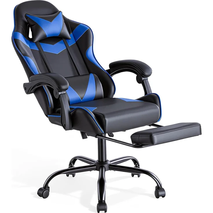 Sweetcrispy Gaming Stuhl, Gaming Chair mit Fußstütze Kopfstütze Lendenwirbelstütze, Ergonomischer PC Stuhl, Höhenverstellbarer Bürostuhl Computerstuhl, Gamer Stuhl, Drehbarer Schreibtischstuhl, Blau – Bild 1