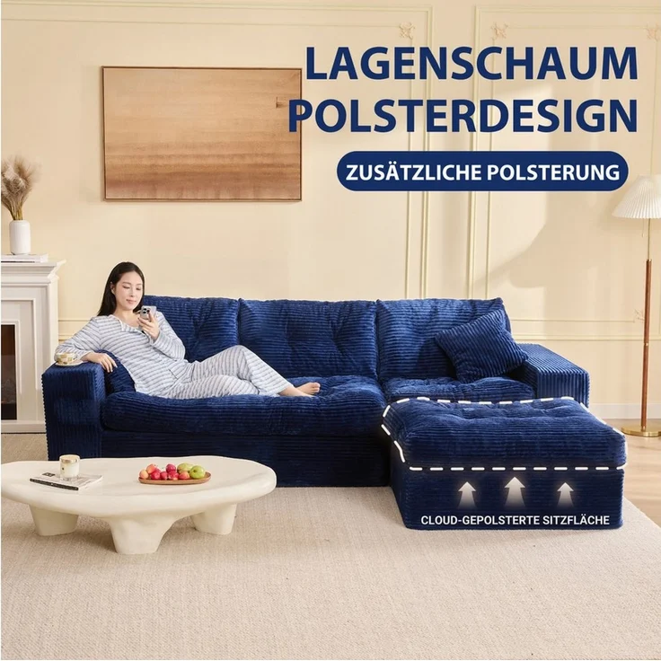 LITBIRD Ecksofa 3-Sitzer Sofa mit Marshmallow-Softpolster & Modulares Recamiere Sofa, 1 Teile, Cordstoff Schlafsofa & Relaxsofa, Wohnzimmer Sofa – Bild 3