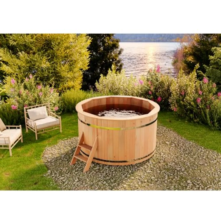 Finntherm Holz Badefass Bergen, Hot Tub Ø 160 x 101 cm, Edelstahl-Ofen 22 kW, für 3-4 Personen, inklusive Einstiegsleiter und schnell aufstellbarem Bausatz – Bild 3
