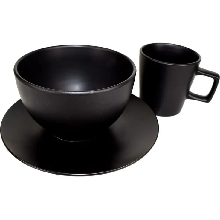 Geschirrset Tasse, Schüssel u. Teller edles Schwarz aus Keramik 3tlg.