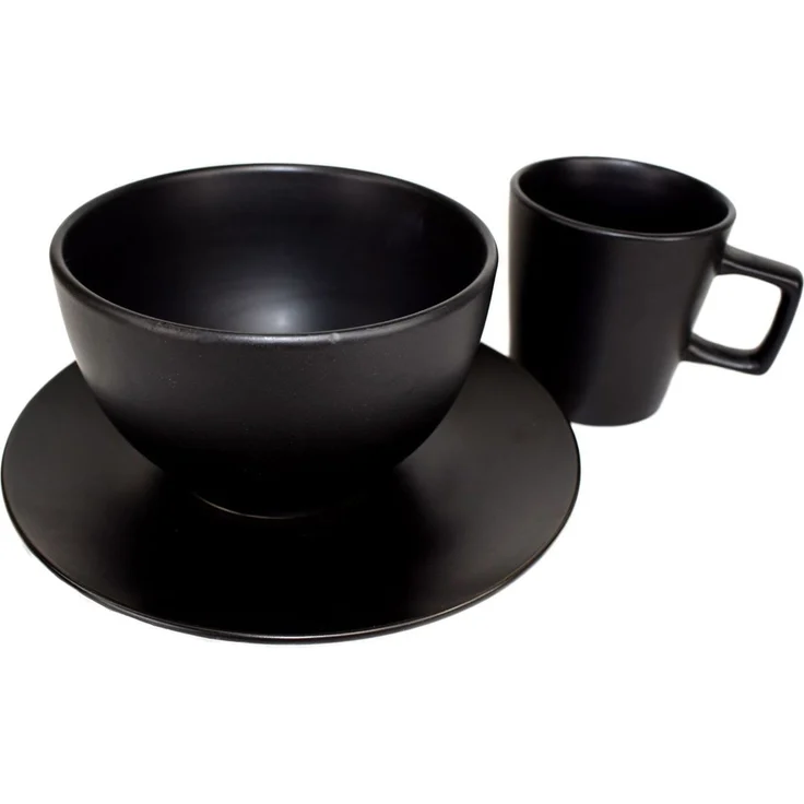 Geschirrset Tasse, Schüssel u. Teller edles Schwarz aus Keramik 3tlg.