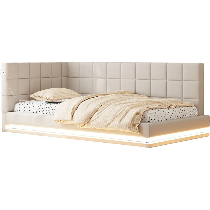 Merax Daybett Einzelbett Polsterbett 90x200cm mit USB & LED, Tagesbett Schlafsofa mit Lattenrost, Jugendbett Gästebett Funktionsbett, Samt, beige – Bild 10