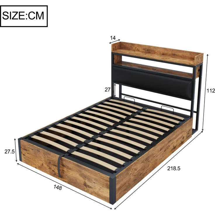 Bettrahmen 140x200 cm mit hydraulischer Hebevorrichtung, USB-Ladestation, gepolstertem Kopfteil, Vintage-Design aus Holz und Metall, Schwarz – Bild 6