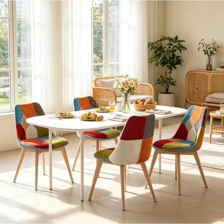 Esszimmerstühle 4er-Set, 59×49,5×82 cm, mit Patchwork-Bezug und Massivholzbeinen – Bild 1