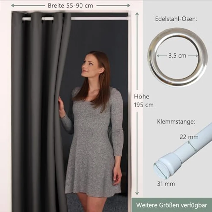 tinycurtains Türvorhang mit Stange weiß 55-90 cm ohne Bohren, Thermo Vorhang Tür, Ösen, abdunkelnd, Polyester, blickdicht, Anthrazit Nebula, Türgardine mit Klemmstange verdunkelnd – Bild 9