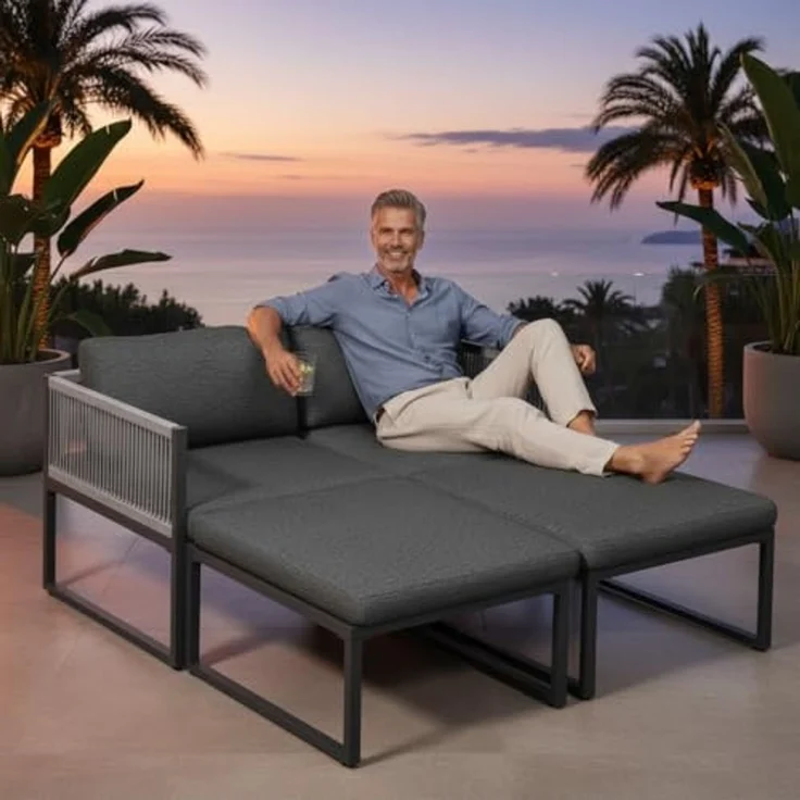 Melko Sitzgruppe Möbelset Aluminium Balkon Set wetterfest Gartenmöbel Sitzgarnitur, (inkl. höhenverstellbare Füße, 4-tlg, Aluminiummöbel), Hocker kann je nach Bedürfnissen als Tisch oder Liege verwendet werden – Bild 2
