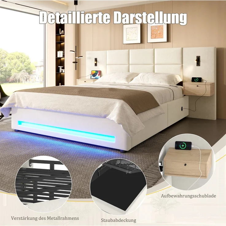 TavilaEcon Boxspringbett mit Samtkopfteil, praktischen Stauschubladen und LED-Nachtlicht beige Liegefläche 180 × 200 cm – Bild 7
