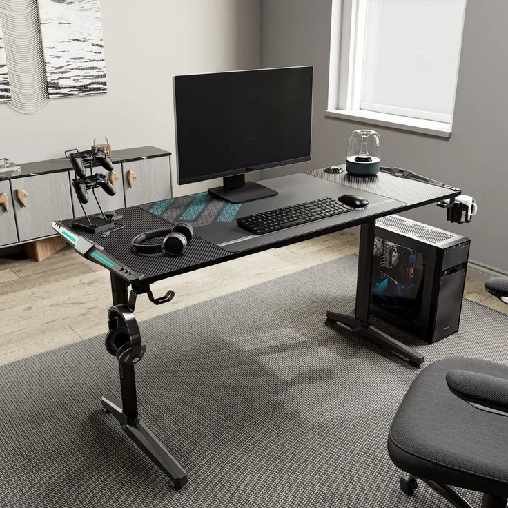 EE EUREKA ERGONOMIC Gamingtisch Computertisch mit LED PC Schreibtisch Ergonomischer Schwarz (1-St, Gaming Tisch mit Kabelmanagement, Getränkehalter und Kopfhörerhalter), Höhenverstellbarer Fuß (10mm) für Home Büro Office Zimmer