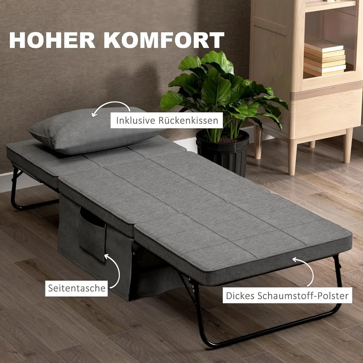 HOMCOM Gästebett 4-in-1 Einzelbett Klappbett klappbare Reisebett Ottomane mit Matratze (5-Stufen Höhenverstellbar, 1-St, mit stabilem Stahlrahmen) Grau, 188 x 75 x 38 cm – Bild 3