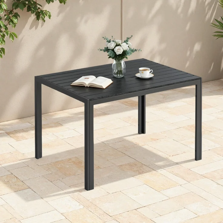 Clevich Gartentisch Wetterfeste, 110x70 cm, Outdoor-Esstisch, WPC Balkontisch, Aluminiumrahmen, Wetterfeste Gartenmöbel, Quadratischer Terrassentisch, Schwarz – Bild 1