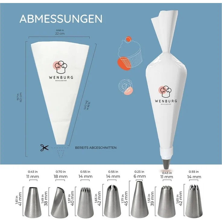 Wenburg Spritzbeutel Set - 7 Große Spritzbeutel, Professionelle Edelstahl-Aufsätze für Kuchen, Torten, Cupcake-Dekoration (Set Premium Plus) - Teigspritze Backzubehör Set - Spritzbeutel mit Zubehör – Bild 3