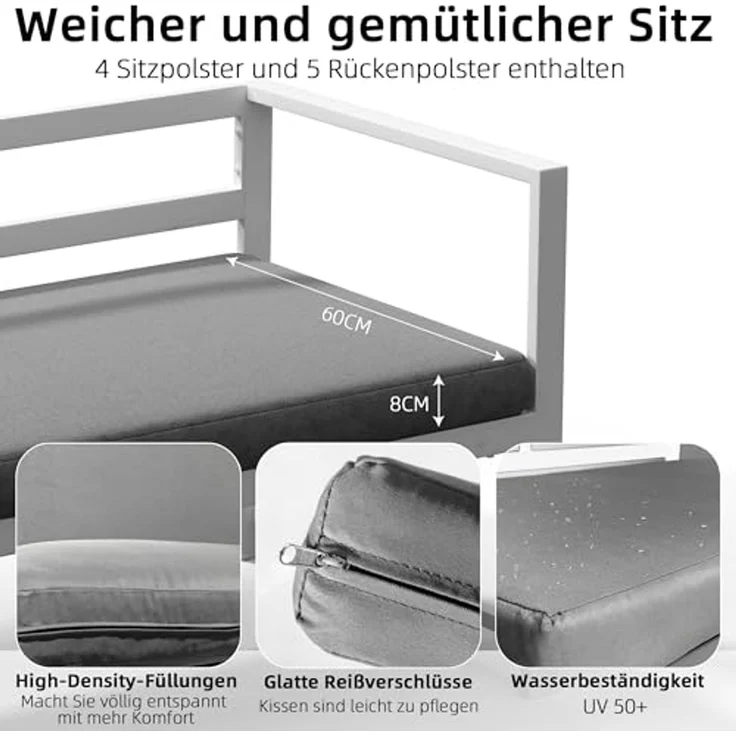 Sitzgruppe Weiß Aluminium Lounge Ecksofa mit Liegefunktion wetterfest Garten Tisch Outdoor-Möbel – Bild 6
