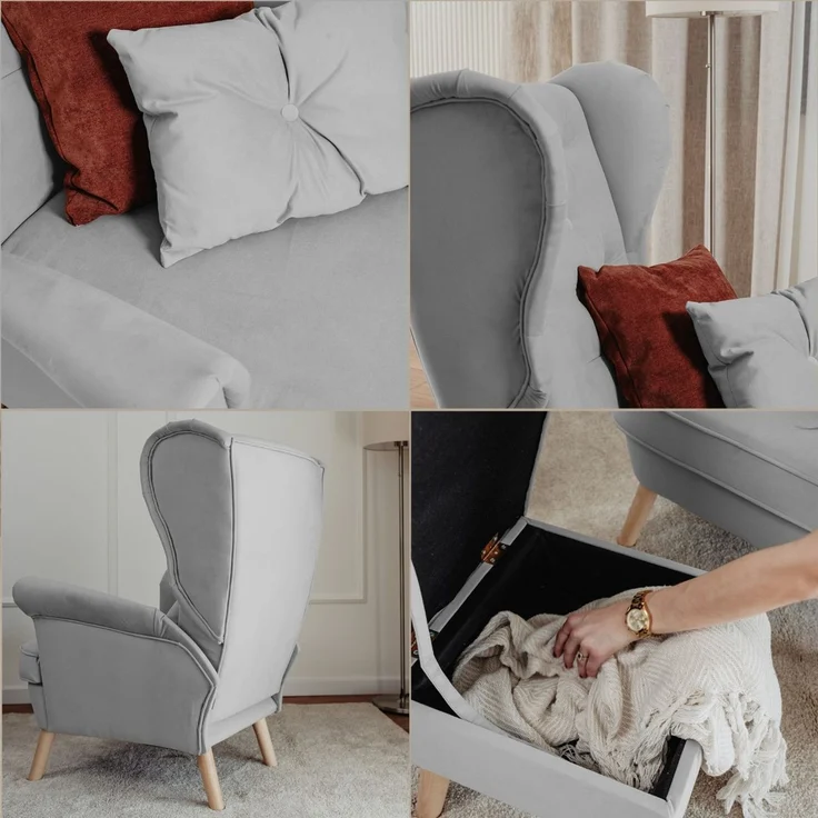 Sessel Ohrensessel ALISON inkl. Hocker in Stoff Trinity Hellgrau – Bild 5