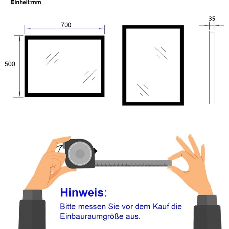 EMKE LED Badspiegel mit Beleuchtung 70x50cm Warmweiß Licht Badezimmerspiegel Wandschalter (nicht enthalten) – Bild 5