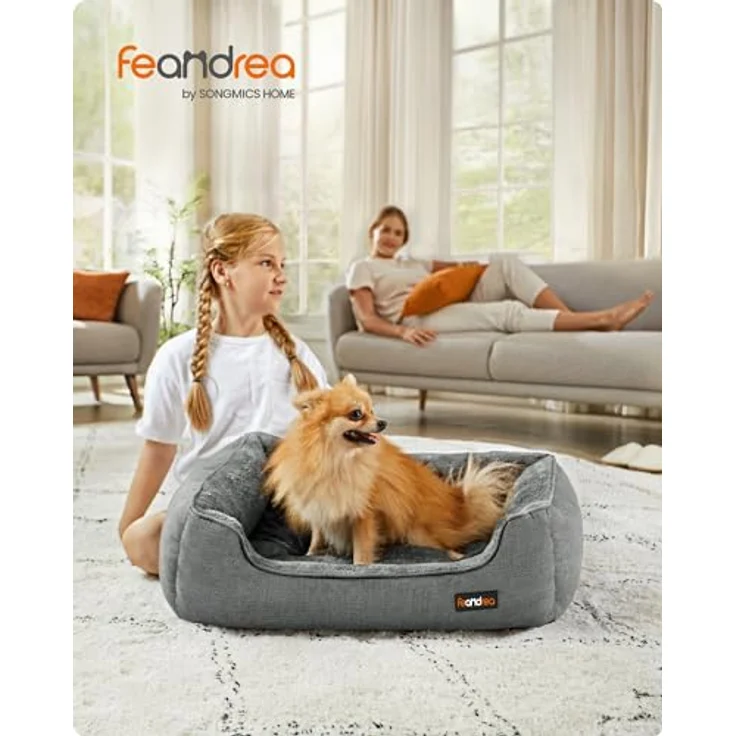 Feandrea Hundebett, Hundekissen in Leinenoptik, Hundekorb, erhöhte Ränder, rutschfeste Unterseite, Bezug abnehmbar waschbar, M, für kleine Hunde, 70 x 55 x 21 cm, hellgrau PGW10GG – Bild 3