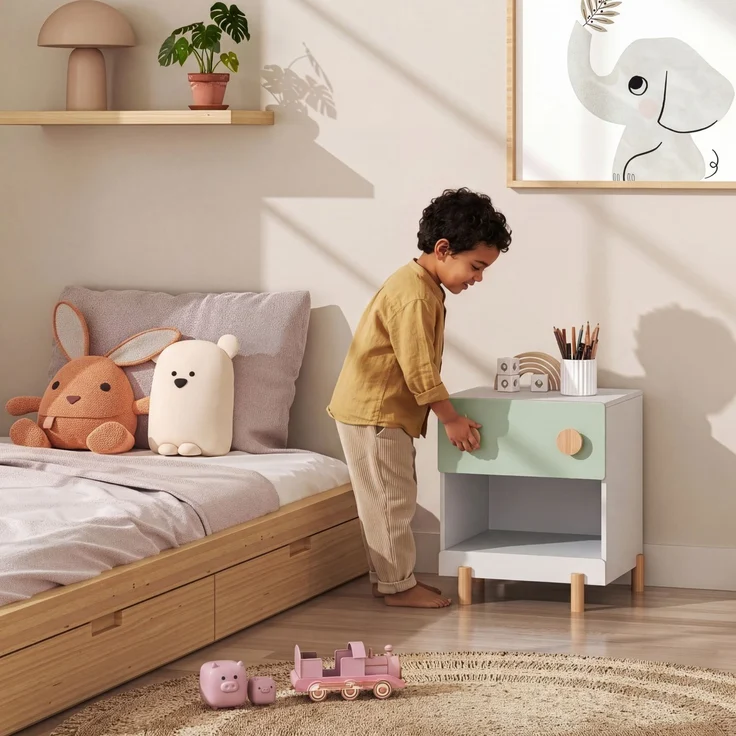 Kindernachttisch Vaarentaa mit Schublade und Ablagefach 47 x 40 x 35 cm Weiß/Mintgrün [en. casa] – Bild 3