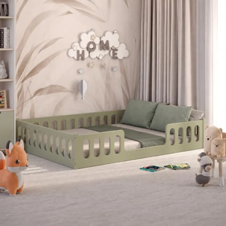 CADANI Monte 140x200 Grün Bodenbett - Rausfallschutz abnehmbar, bis 200 kg | Montessori Kinderbett, robuster Roll-Lattenrost, abgerundete Kanten, hochwertige Fertigung in der EU für langlebige Qualität – Bild 2