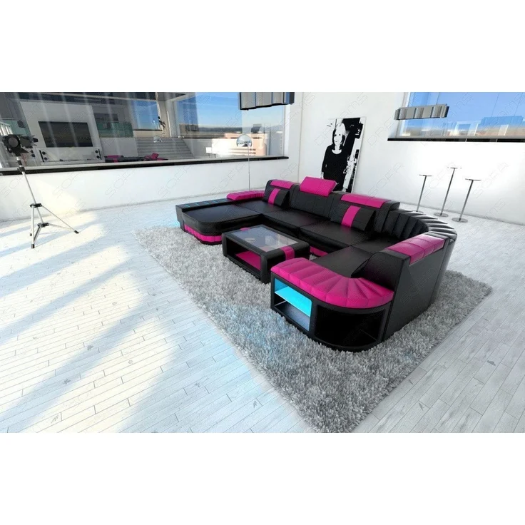 Sofa Dreams - Mini Designer Wohnlandschaft Bellagio Led U-Form - Ledermix - Schwarz-Pink - Links – Bild 6