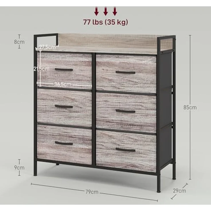 HOMCOM Kommode, Grau, 6 Schubladen, pulverbeschichteter Stahlrahmen, 79x85x29 cm, ideal für Wohnzimmer – Bild 3