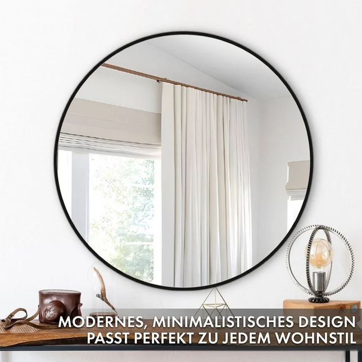 Floordirekt Wandspiegel Bella, Runder Spiegel mit schwarzem Aluminiumrahmen, in 3 Größen (Kristallklar & Rostfrei, 1-St, 50cm Durchmesser), Anti-Glasspliter Folie für mehr Sicherheit, mit Montagematerial – Bild 2