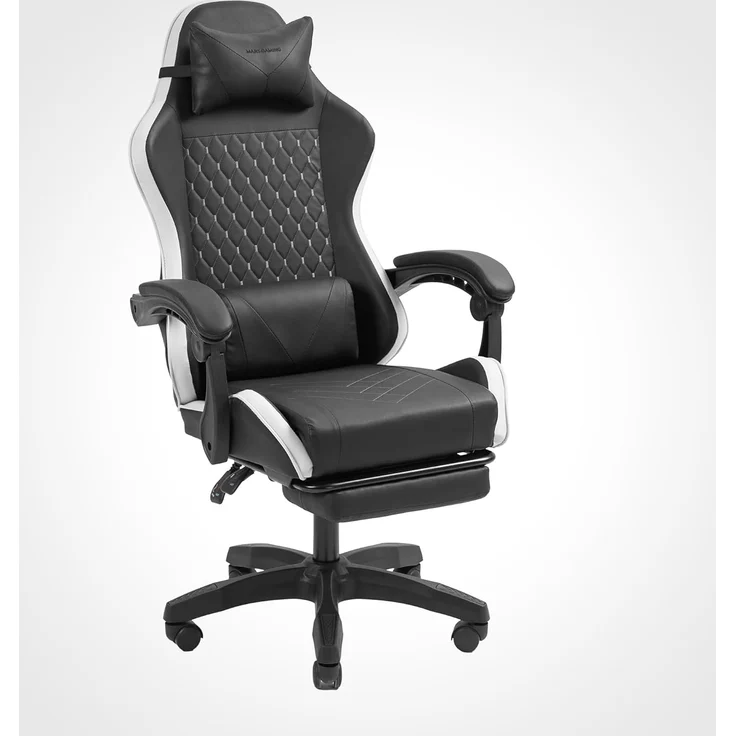 MARS GAMING MGC-X, Ergonomischer Gaming-Stuhl, Kunstleder, Verstellbare Rückenlehne und Höhe, Dynamische Armlehnen, Nacken- und Lendenkissen, Bürostuhl mit Ausziehbarer Fußstütze, Weiß