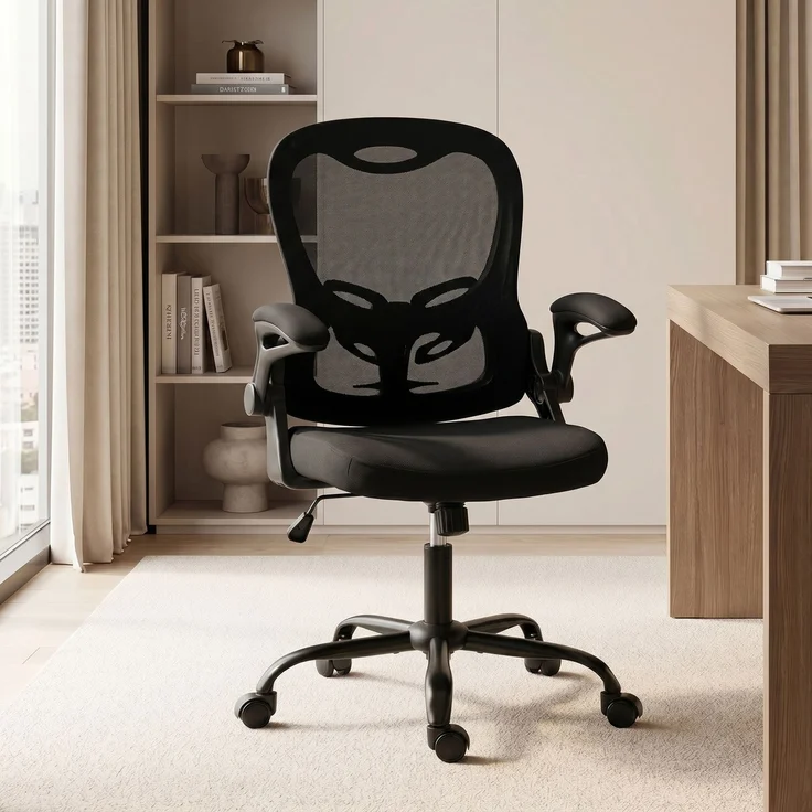 Ergonomischer Bürostuhl, Bürostuhl aus Netzgewebe, hochklappbare Armlehnen, höhenverstellbar, Wippfunktion, schwarz – Bild 3