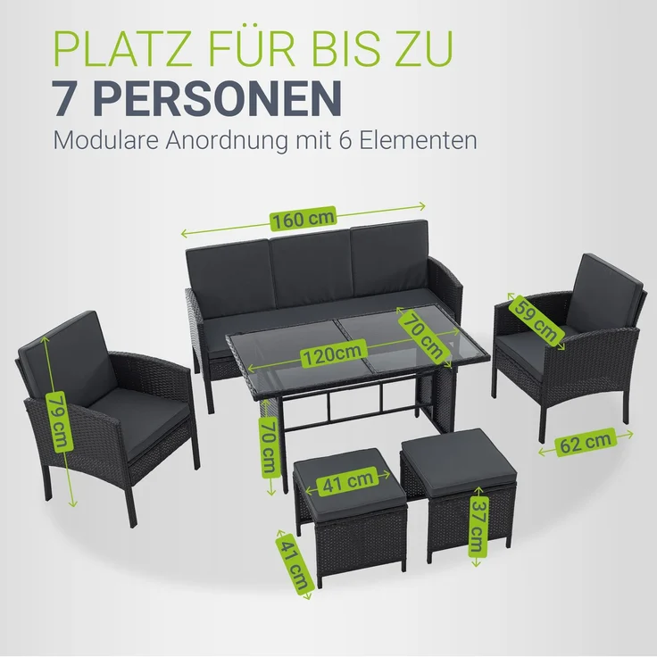 Juskys 'Turin' Outdoor Sitzgruppe für 7 Personen, Polyrattan, 120 x 70 cm, Schwarz – Bild 4