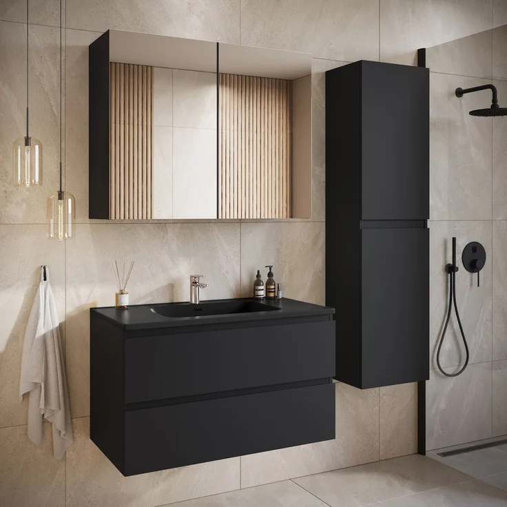 Badplaats Badmöbel Set mit Waschbecken und Unterschrank Angela 80 x 48 cm Schwarz Matt - Waschbeckenunterschrank mit Soft-Close und Schwarze Waschbecken, Vorgemontiert – Bild 5