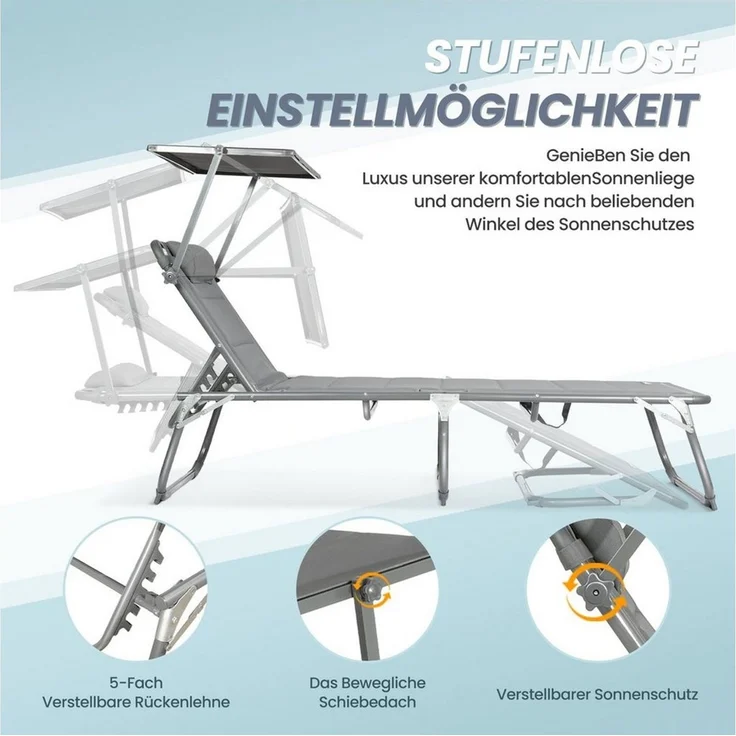 Homecall Sonnenliege mit Dach, schnell trocknender Schaumstoff, XXL, 200x70 cm - (Grau) – Bild 3