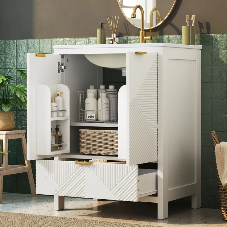 Freistehender Badschrank mit Keramikwaschbecken, 61 x 47 x 87 cm, MDF, Weiß, Wellenstruktur
