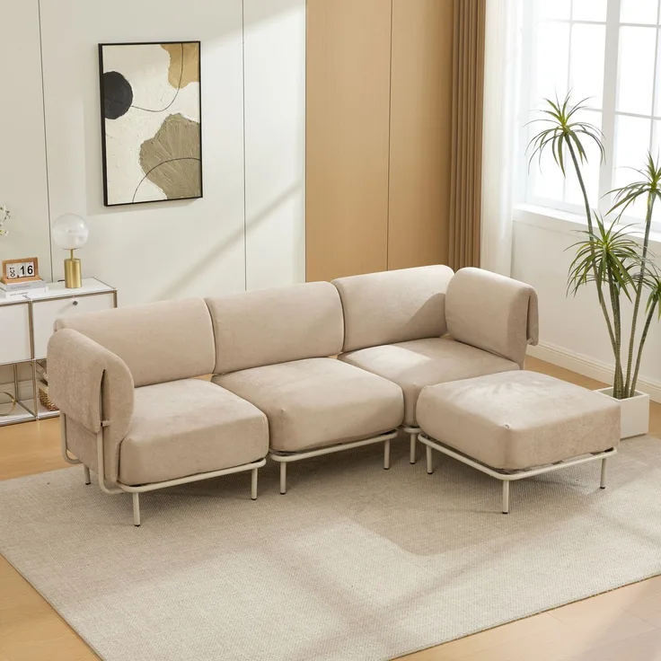 3-Sitzer Sofa mit Hocker, B 251 x T 155 x H 78 cm, Chenille in Khaki, modular