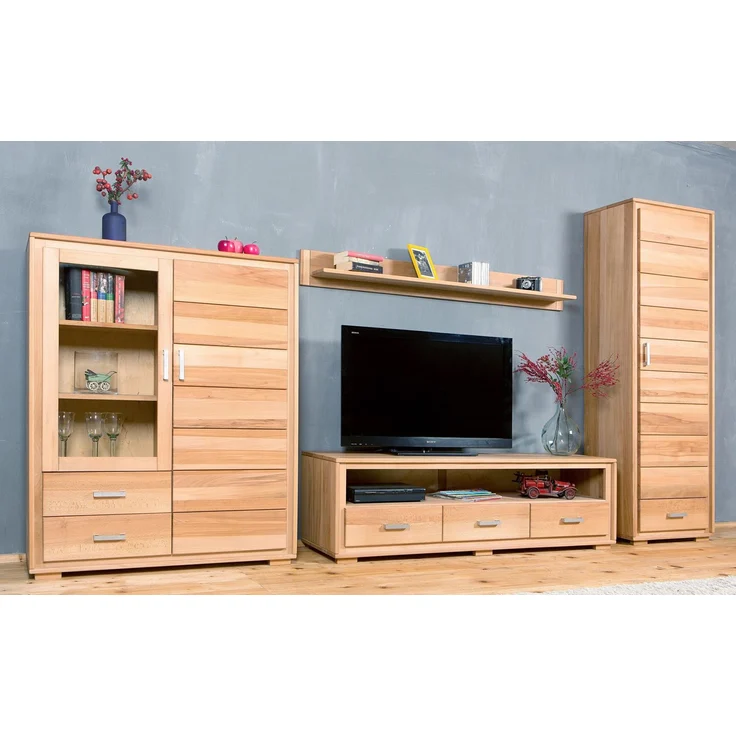 Woodline Highboard Vitrine 2-türig Kernbuche Massivholz geölt, Genf, Auszug ohne Softclose 112x40x139 cm – Bild 5