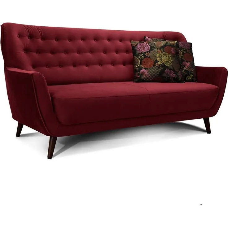 CAVADORE 3-Sitzer-Sofa Abby / Retro-Couch im Samt-Look mit Knopfheftung / 183 x 89 x 88 / Samtoptik, rot