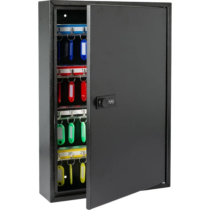 HMF Schlüsselkasten Schlüsselschrank mit Zahlencode, Schlüsselkasten mit 64 Haken (inkl. Schlüsselanhänger), verstellbare Hakenleisten, 45 x 30 x 8 cm, schwarz