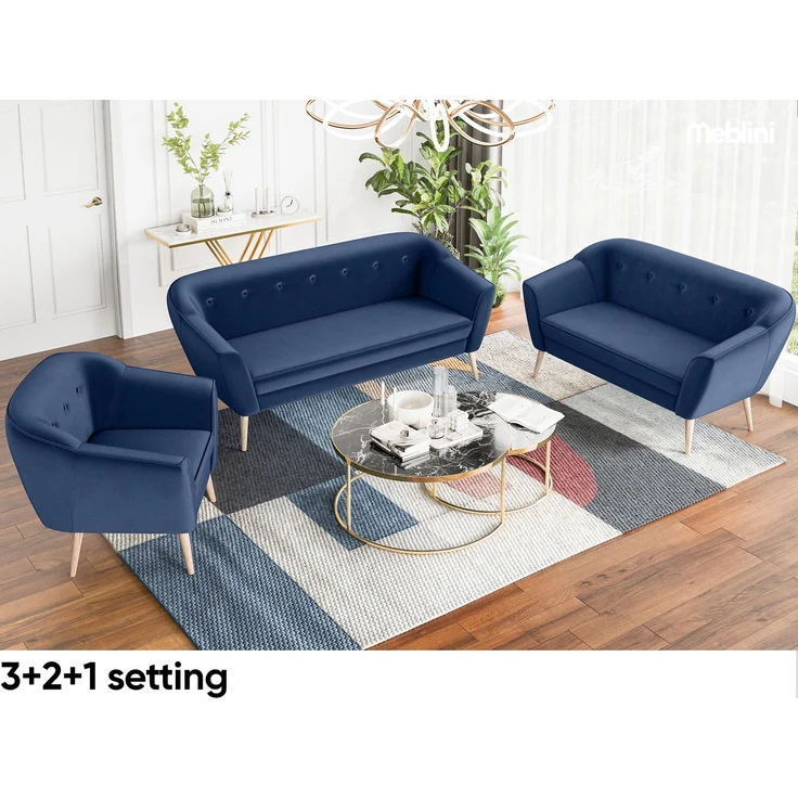 MEBLINI Mini Sofa Set 2-1 für Wohnzimmer - Mini Lounge für drei Personen - Küchensofa - Sofa Klein - Sitzgarnitur - Polstergarnitur - Sofagarnituren - DORIS - 2+1 - Blau Samt – Bild 6