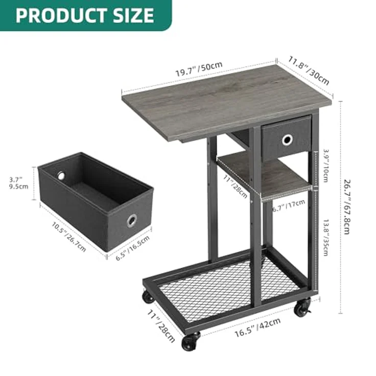 YITAHOME 2PCS Beistelltisch, C-Form Sofatisch mit Rollen und Schublade，Wohnzimmertisch für Kaffee und Laptop，für Wohnzimmer, Schlafzimmer，50 x 30 x 67 cm, Grau – Bild 4