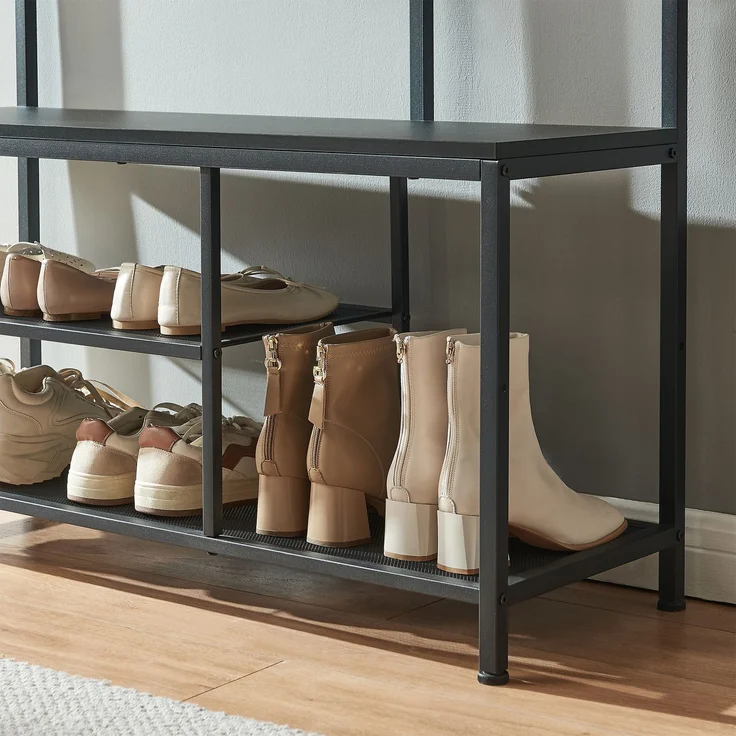 Garderobenständer Napinerg mit Spiegel und Schuhregal 185x98x34 cm Schwarz [en. casa] – Bild 3