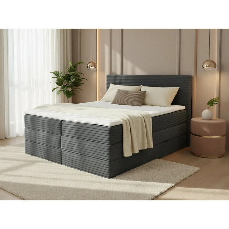 Boxspringbett Mollo XL mit 2 Bettkästen und Topper, mit Taschenfederkern- und Bonellfederkernmatratze, Doppelbett, Polsterbett aus Cordstoff mit Stauraum (Graphit (Tilia 90), 160x200 cm)