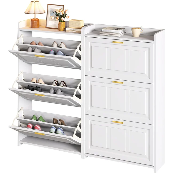 Schuhschrank Set 2-teilig 70x24x120 cm Weiß 2 Klapptüren pro Schrank Ablagefläche – Bild 6