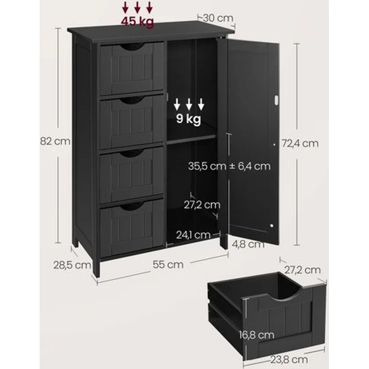 Vasagle Badezimmerschrank mit 4 Schubladen und verstellbarer Ablage, MDF tintenschwarz, 82 x 30 x 55 cm – Bild 5