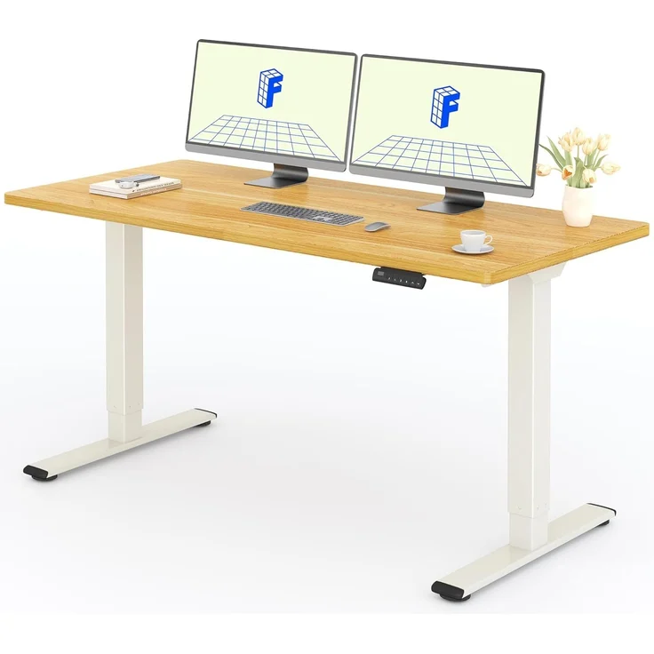 FLEXISPOT Höhenverstellbarer Schreibtisch 160x80 cm mit 2 Motoren & 25MM einteiliger Tischplatte,ergonomischer Bürotisch - Ahorn, Mousseweiß Gestell – Bild 1