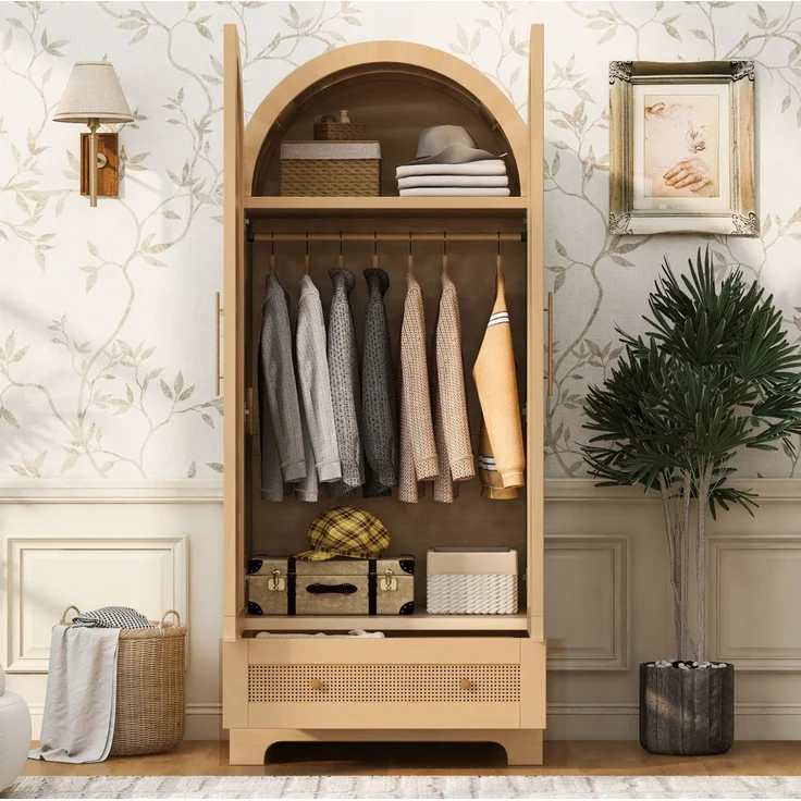 MODFU Kleiderschrank Doppeltüriger Schrank 70x55x170 cm, Mehrzweckschrank (Aufbewahrungsschrank mit Rattanstruktur, Schubladen und Ablagefächern für moderne Zuhause) Garderobenschrank Mehrzweckschrank – Bild 4