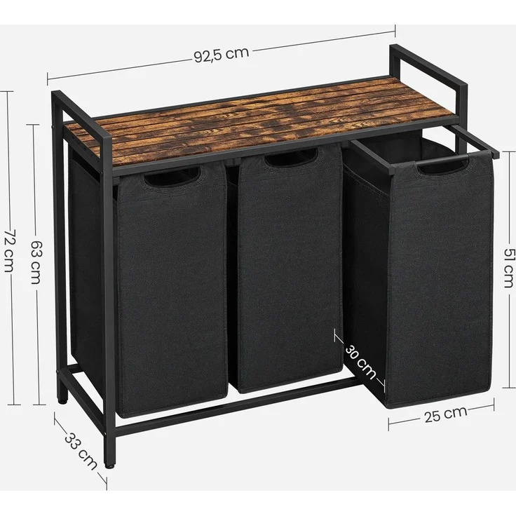 Vasagle Wäschekorb mit 3 Fächer, Metallrahmen Vintagebraun/Schwarz, 38L / 92,5 x 33 x 72 cm – Bild 5