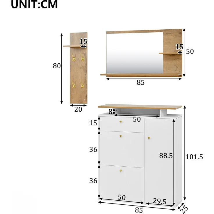 DESVIAE Garderobenschrank 3-tlg. mit LED-Beleuchtung und Spiegel 105x151,5x25 cm Spanplatte Weiß – Bild 10