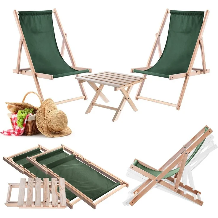 KADAX-Set aus natürlichem Couchtisch für Liegestühle + 2 grünen Flaschen-Liegestühlen – Bild 1