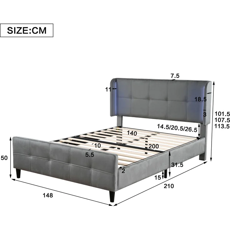 Polsterbett 140x200 Grau mit LED 16 Farben, Samt Doppelbett mit gesteppter Lehne, höhenverstellbarem Kopfteil, modernes LED-Bett – Bild 5