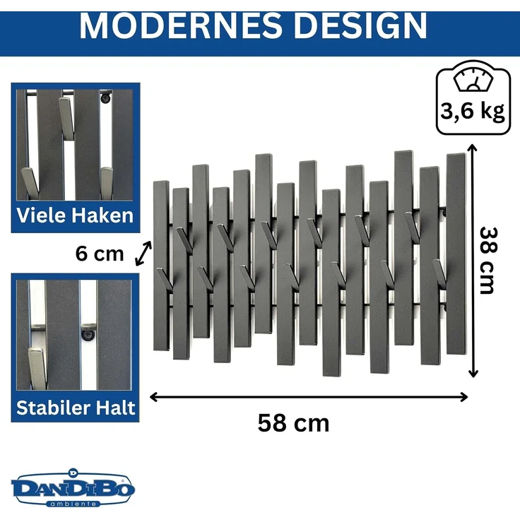 DanDiBo Wandgarderobe Schwarz Metall Modern 96637 Garderobe Wand mit Haken Garderobenleiste Hakenleiste Garderobenhaken – Bild 2