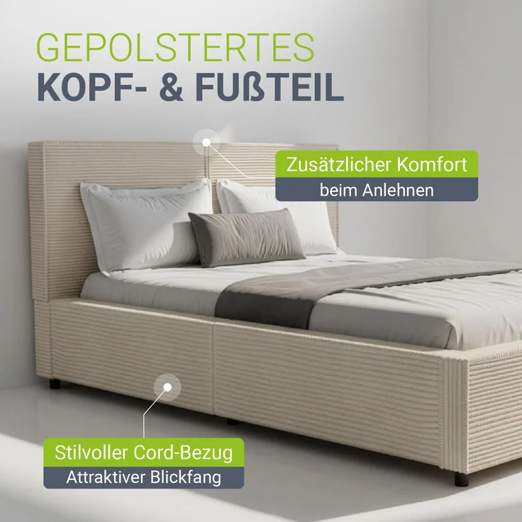Juskys Polsterbett Salerno 140 x 200 cm – Cord Beige, modernes Bett mit Kopf- & Fußteil, stabilem Holz- & Metallrahmen, Lattenrost, 500 kg Tragkraft – Bild 5