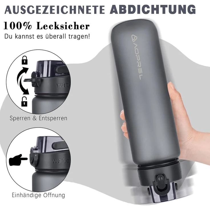 AOPREL Trinkflasche 1l BPA-Frei Tritan Sport Kohlensäure geeignet Grau – Bild 3