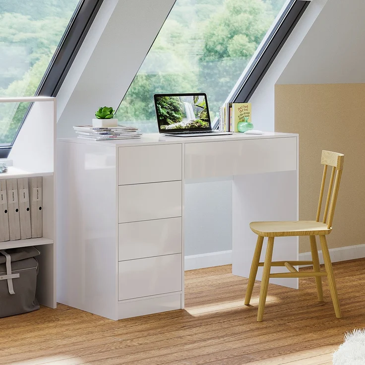 Bellamio 'Livny' Schreibtisch mit 5 Schubladen, beidseitig montierbar, weiß Hochglanz, 80x53x110 cm, Computertisch mit Stauraum, Bürotisch mit Push-to-open, geeignet als Schminktisch – Bild 1